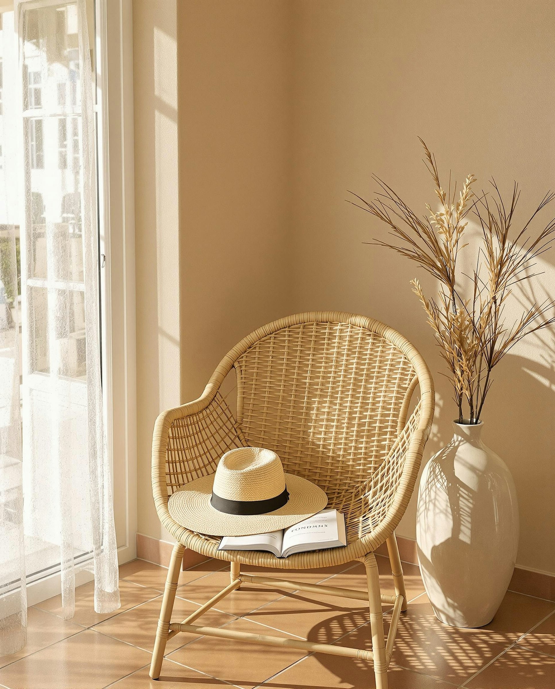 Sunlit corner with linen armchair and woven textures