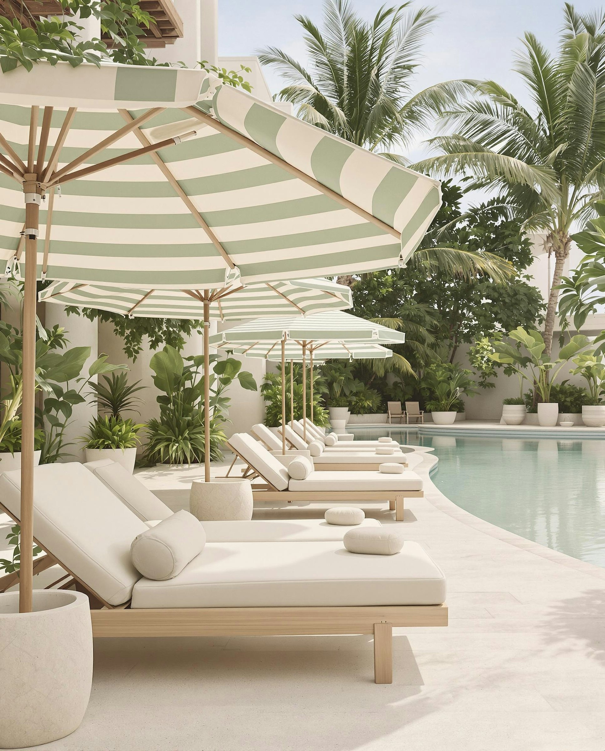 Elegant poolside retreat with sun loungers at golden hour