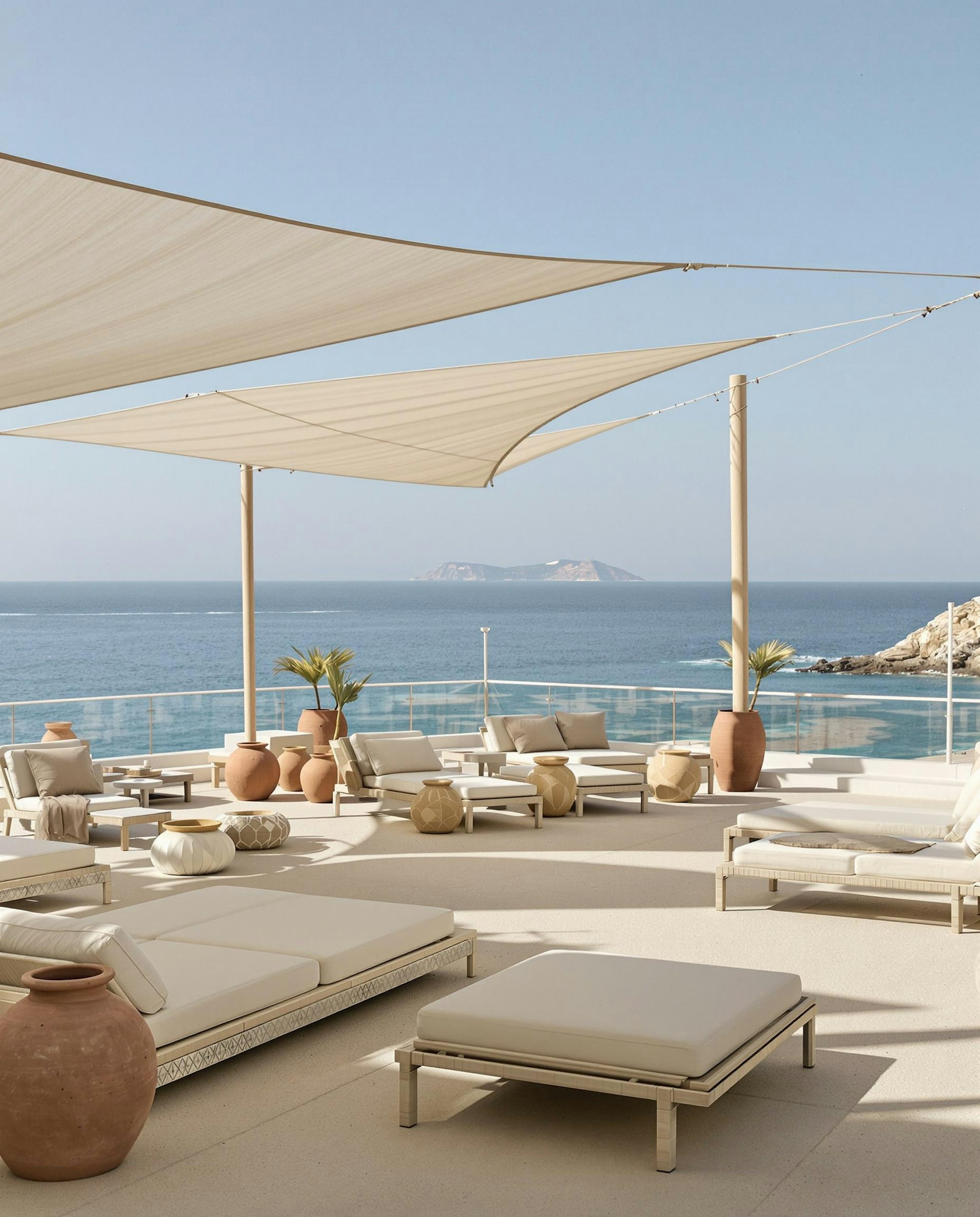 Lounge chairs facing an open ocean view at sunset