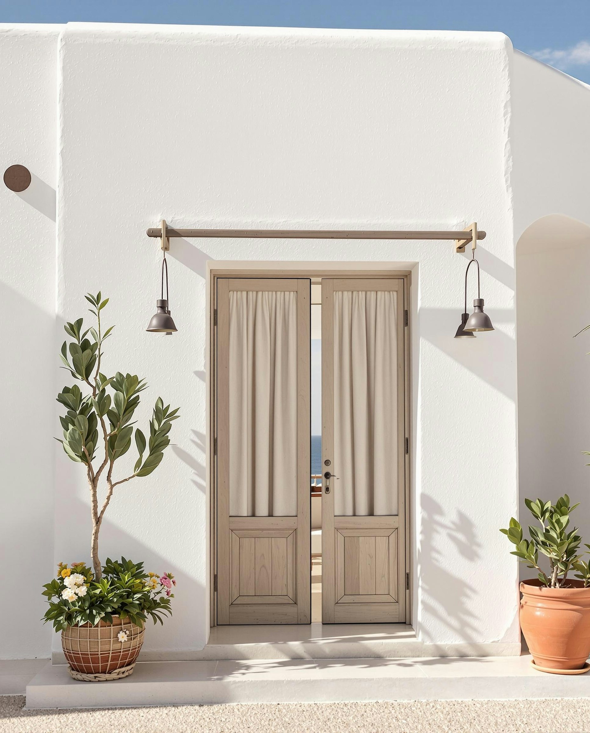 Mediterranean-style doorway framed in whitewashed stone
