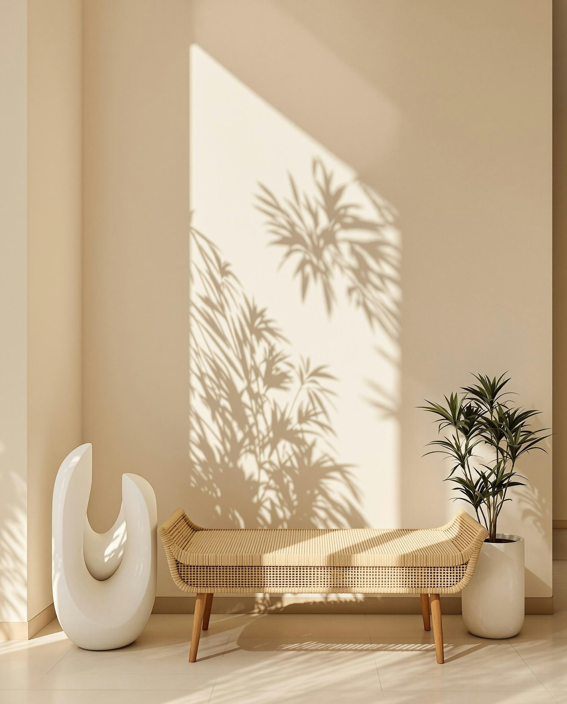 Sunlit interior scene with pared-back furnishings