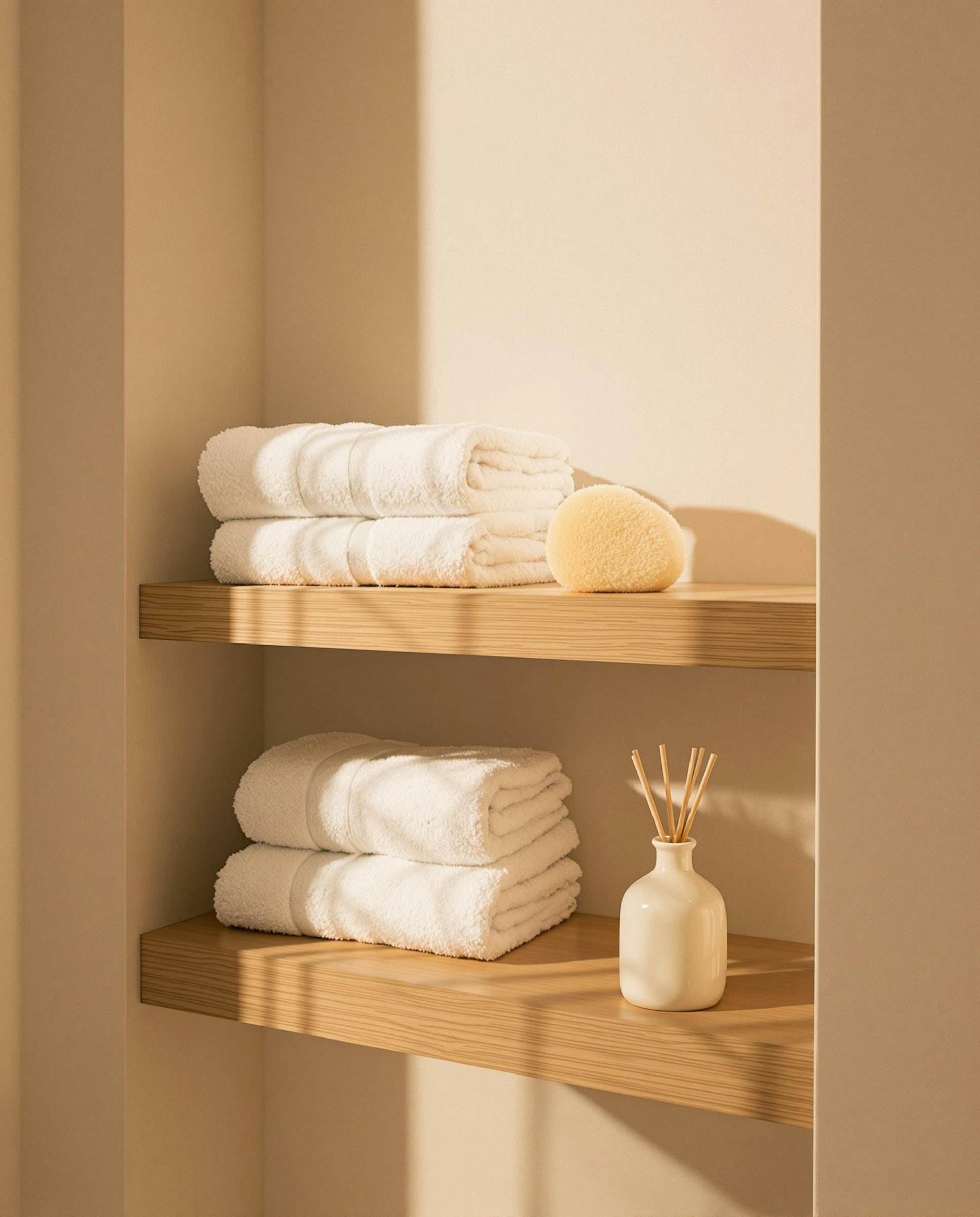 Neatly folded linen towels on a stone shelf