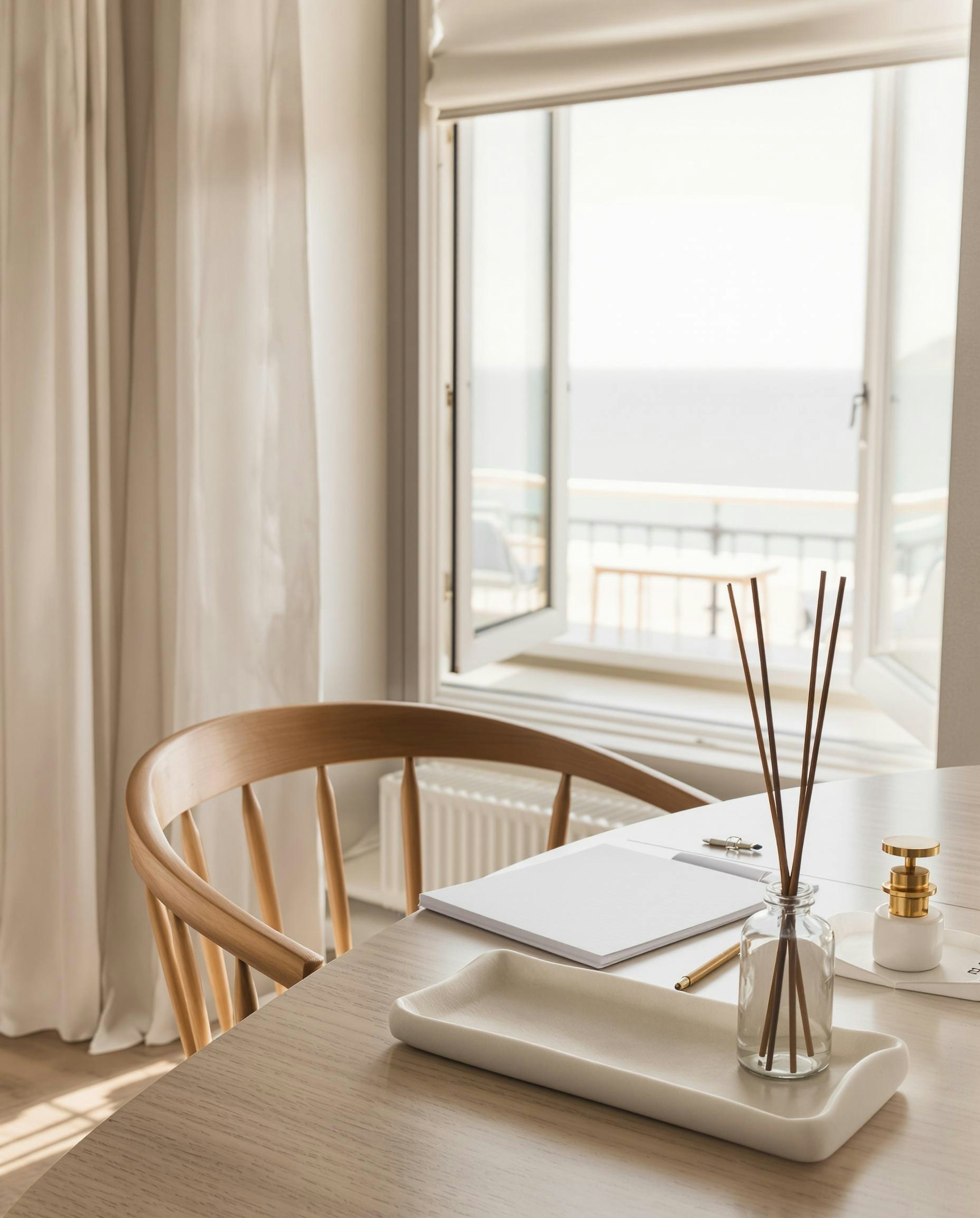Minimalist writing desk beside a sunlit window