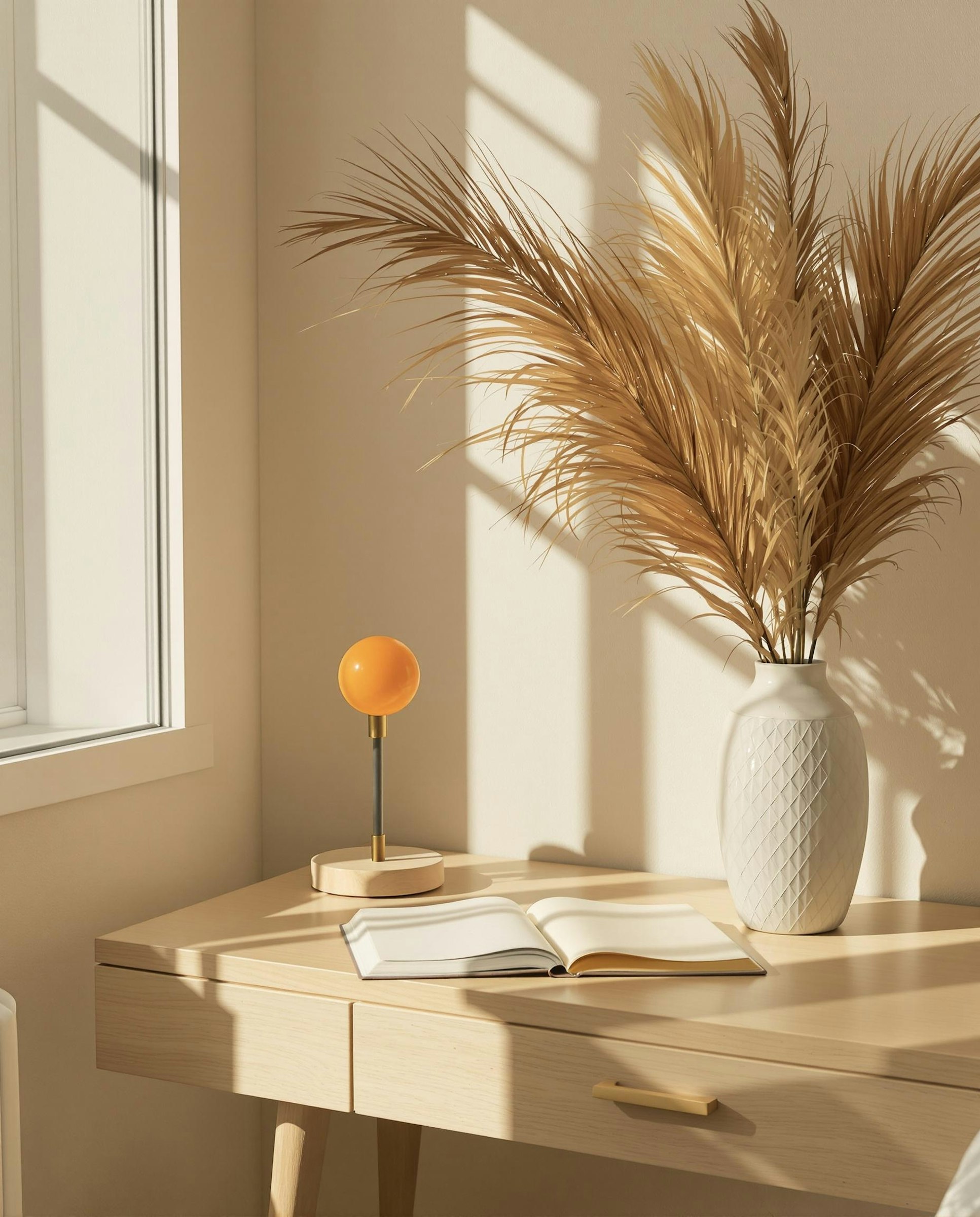 Quiet workspace corner with woven chair