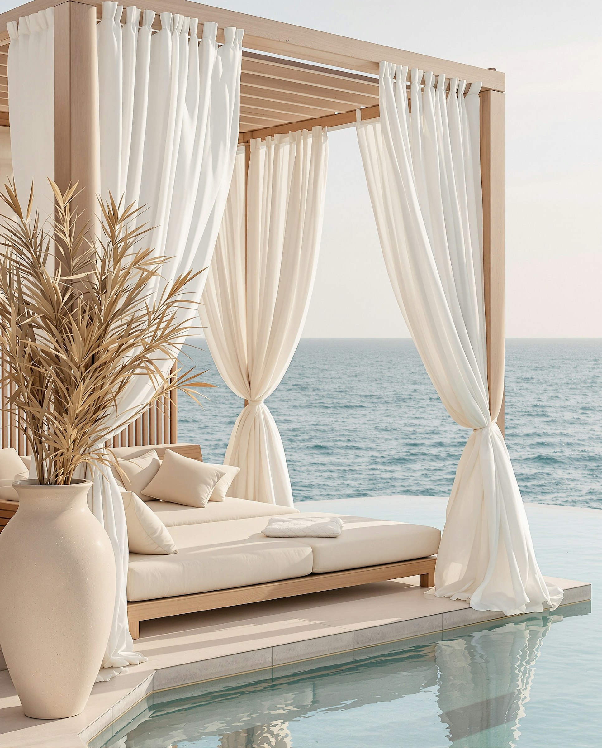 Oceanfront lounge with soft seating overlooking the water