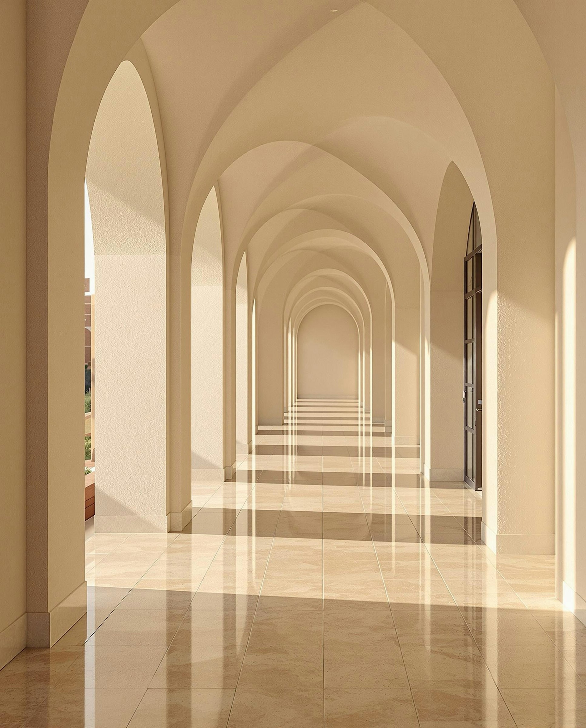 Whitewashed arched corridor leading toward the sea