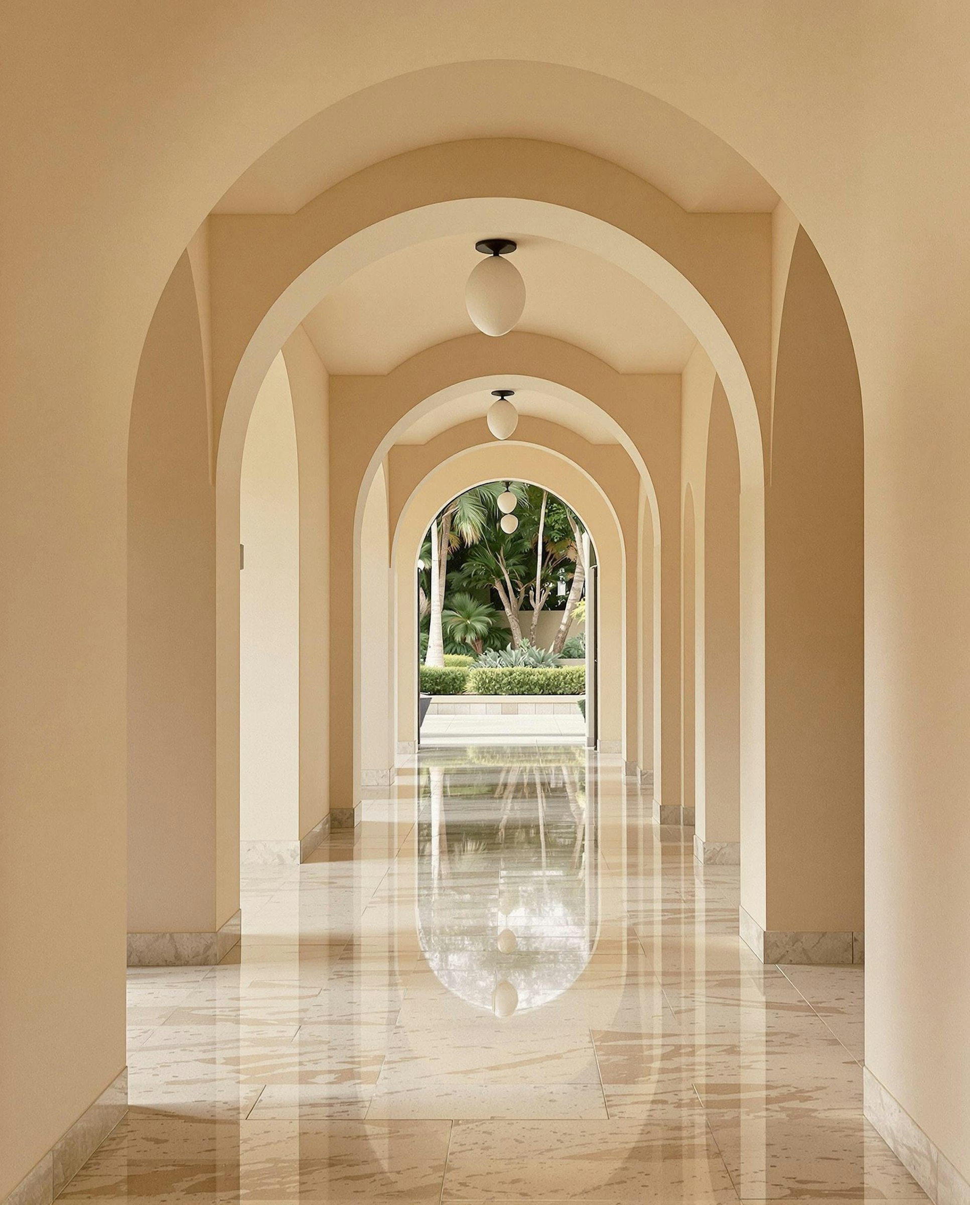 Serene hallway with arched doorways and stone floors