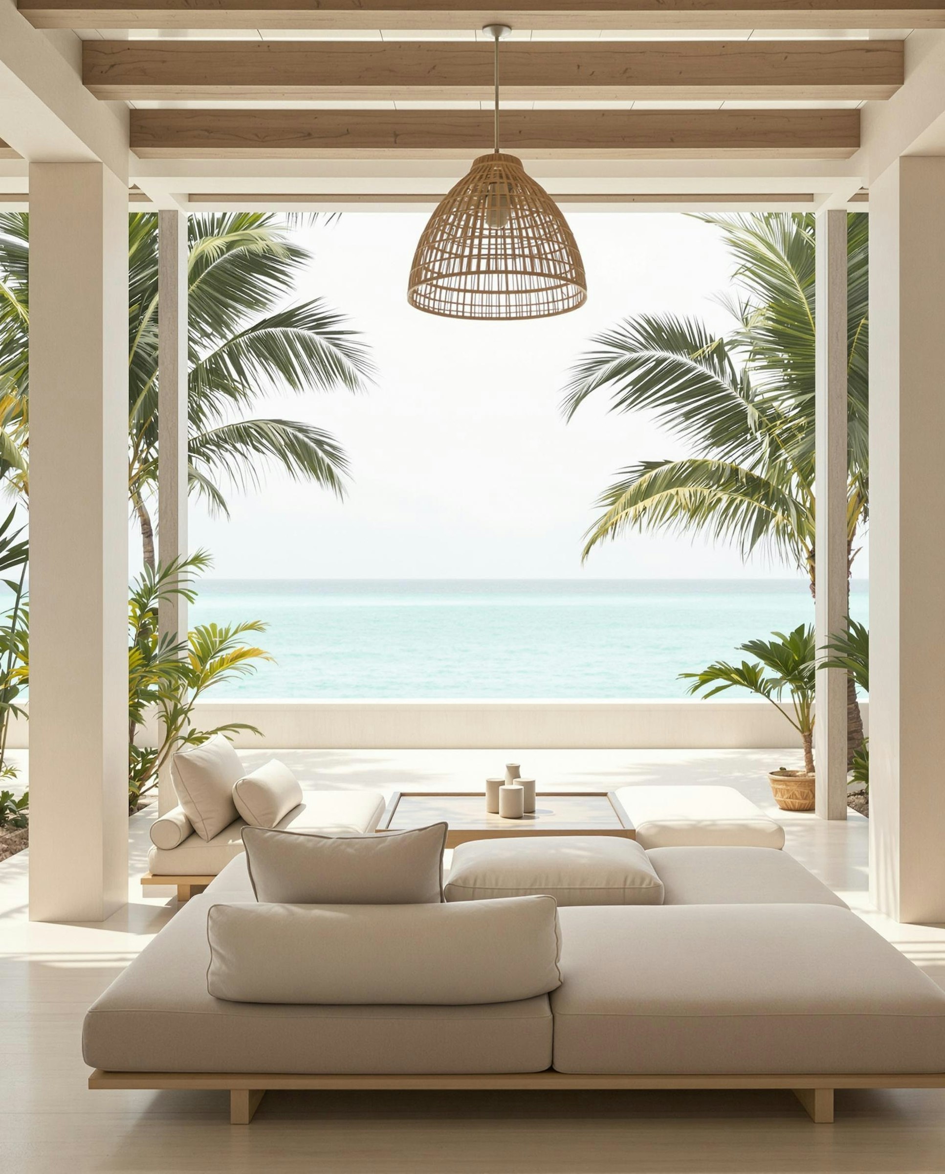 Beachfront lounge with linen daybeds by the shore