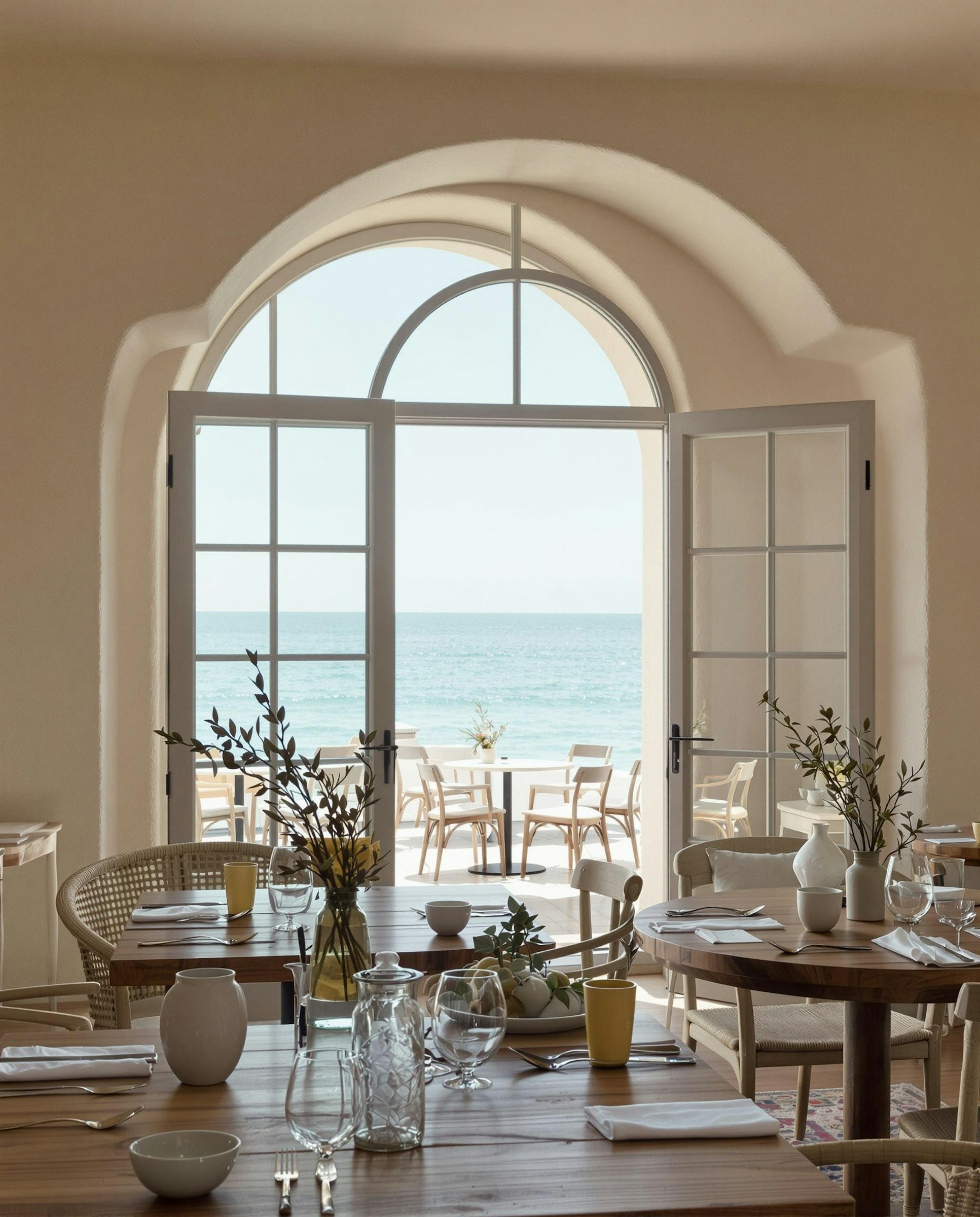 Dining terrace set for two beside the sea