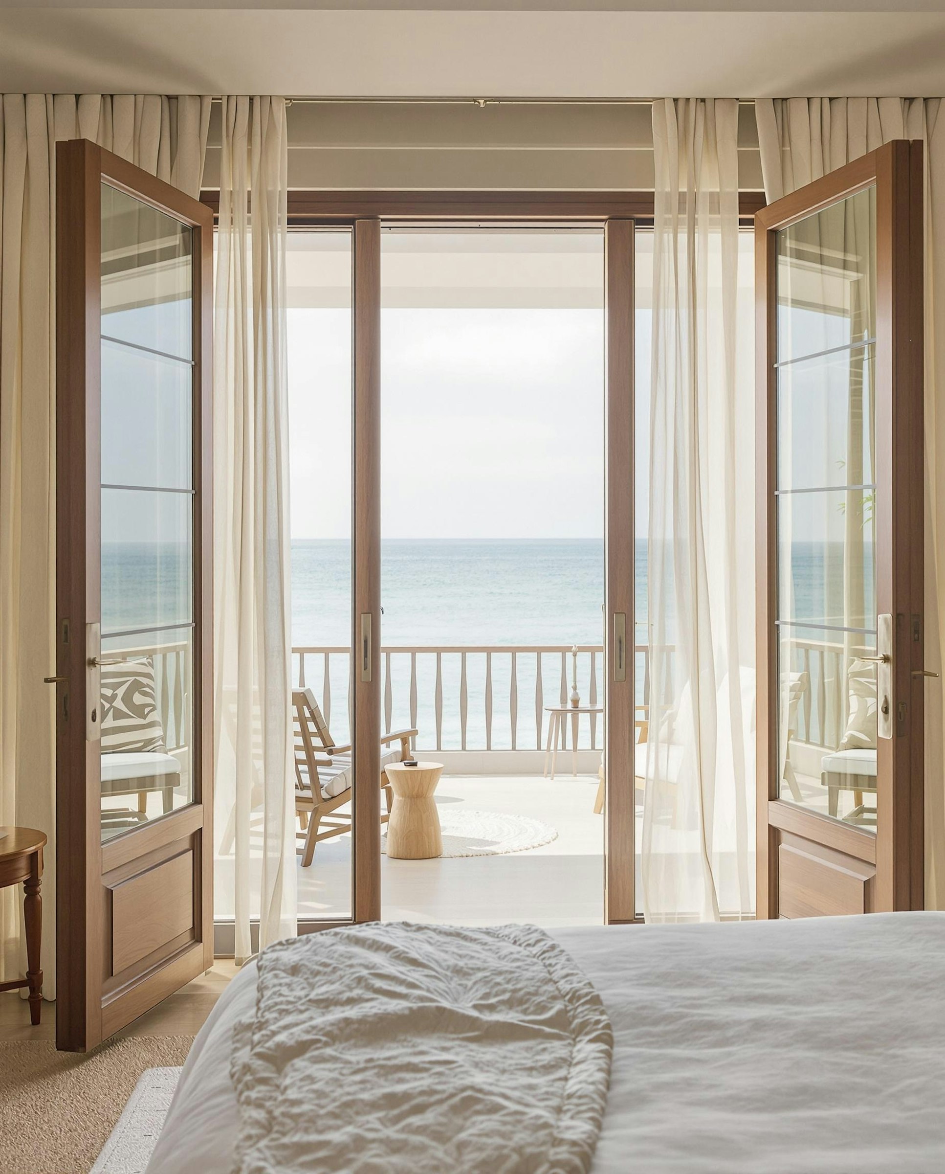 Oceanview bedroom with floor-to-ceiling windows at dawn