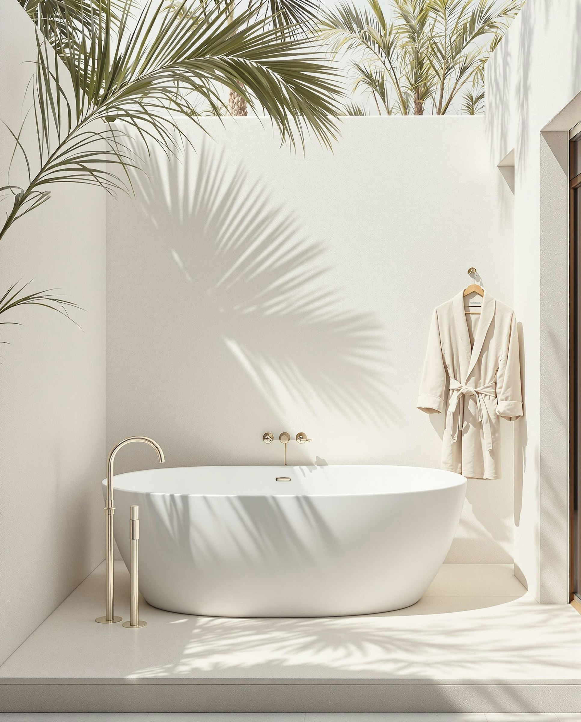 Open-air outdoor bathroom surrounded by greenery