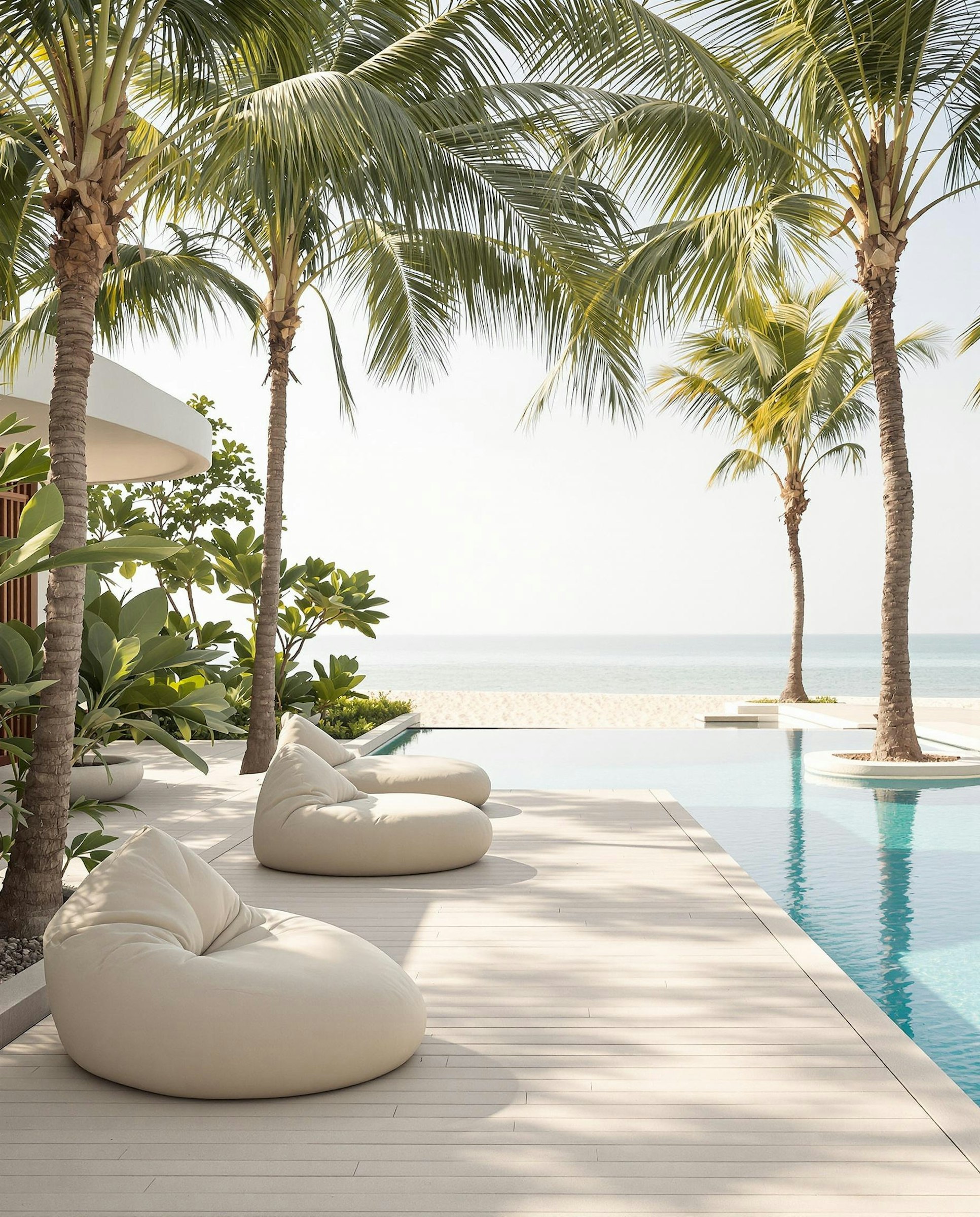 Quiet pool terrace framed by whitewashed walls