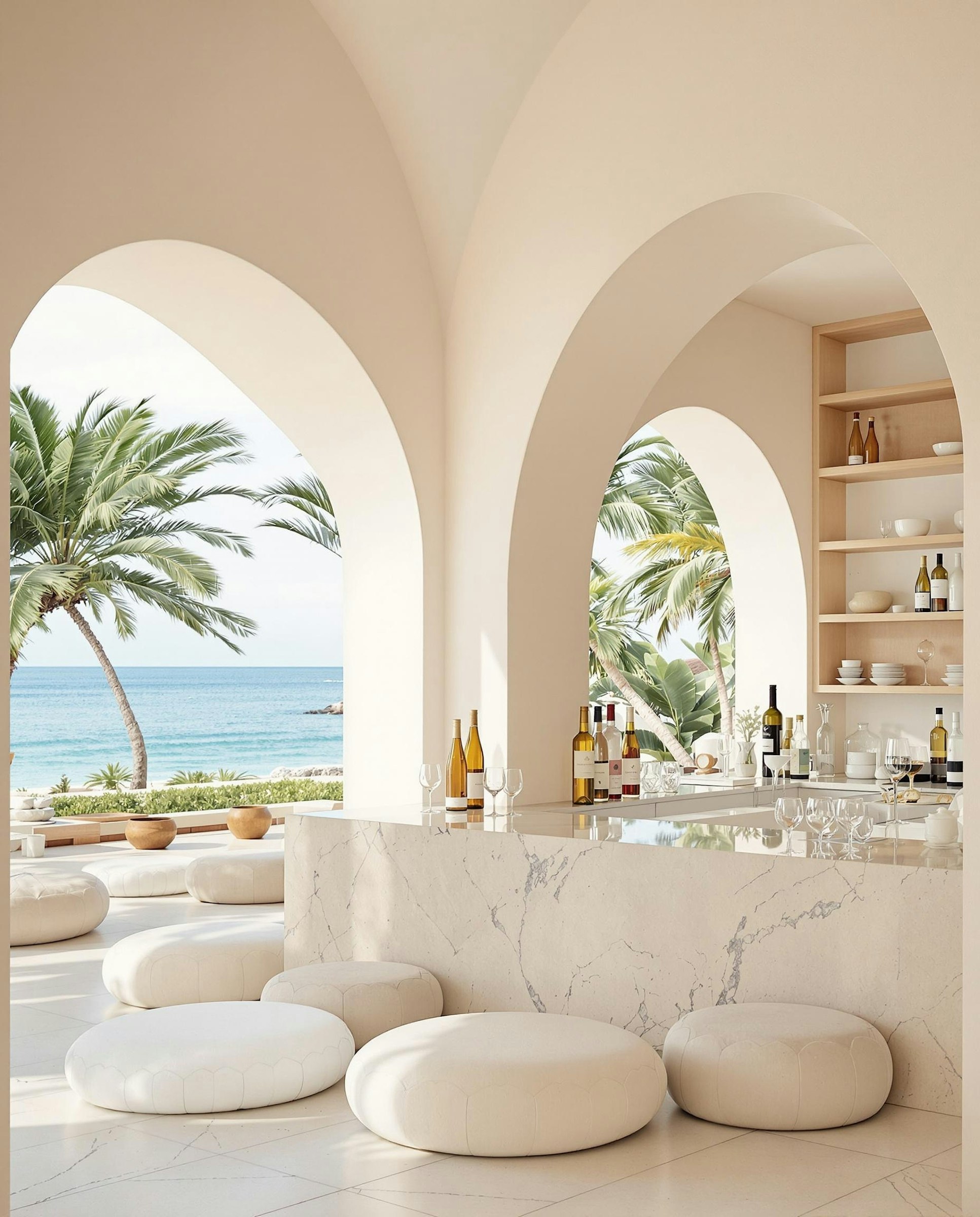 Lounge view framed by palm leaves