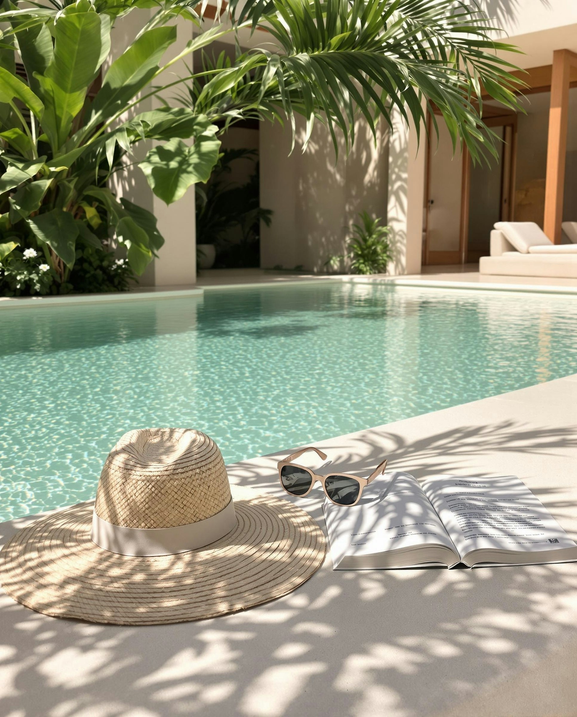 Poolside scene bordered by palms and tropical planting
